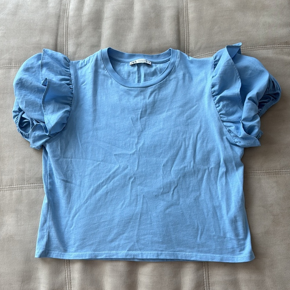 Zara Cropped Top Puff Sleeves Blue Women’s Size Small